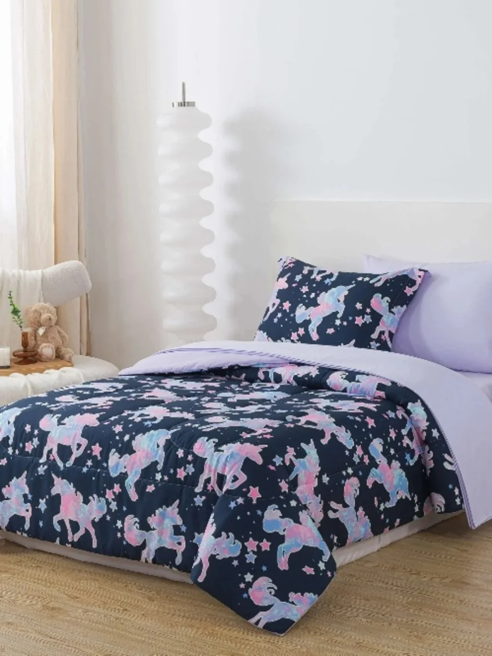 Unicorn Stars Twin Reversible Glow in the Dark Comforter  & Sham Navy & Lavender